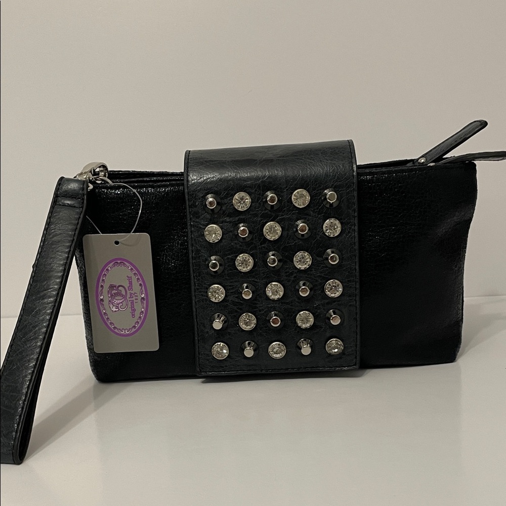 Sharif 1827 Black Studded Wrist/Clutch/Crossbody Bag